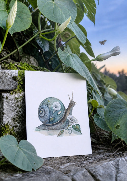 Moonflower Snail art print displayed in a softly lit dusk garden setting with pale moonflowers