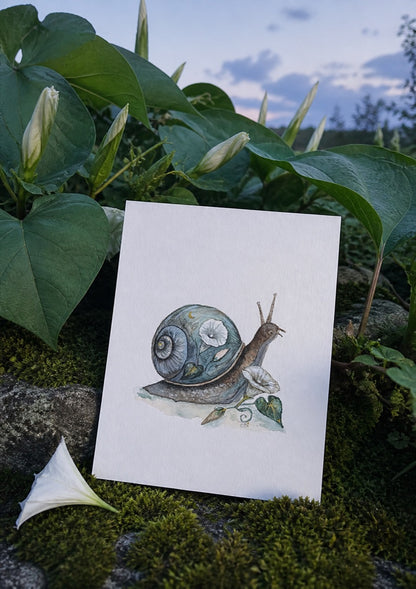 Moonflower Snail art print styled near a moonflower vine with a tightly furled blossom at dusk