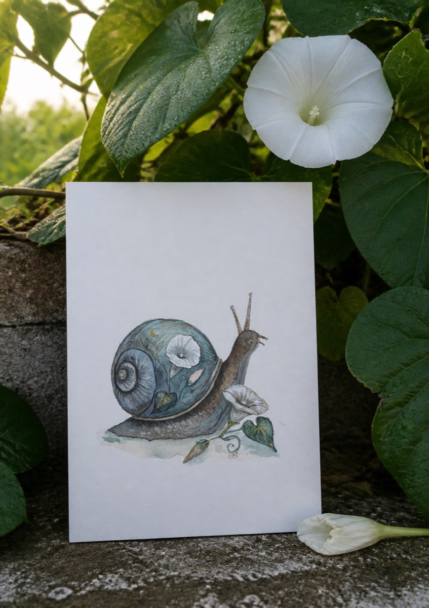 Moonflower Snail art print in a gentle morning setting with leaves and fading moonflower petals