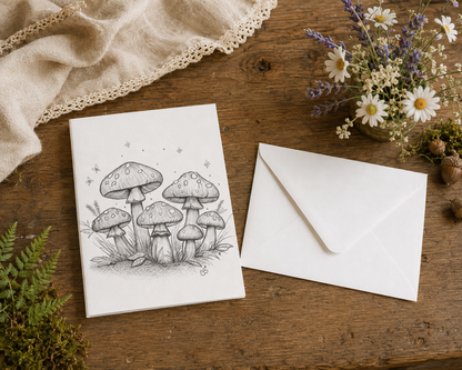 Mushroom Garden greeting card mockup with a white envelope in a cottagecore setting