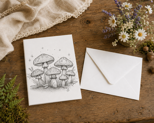 Mushroom Garden greeting card mockup with a white envelope in a cottagecore setting