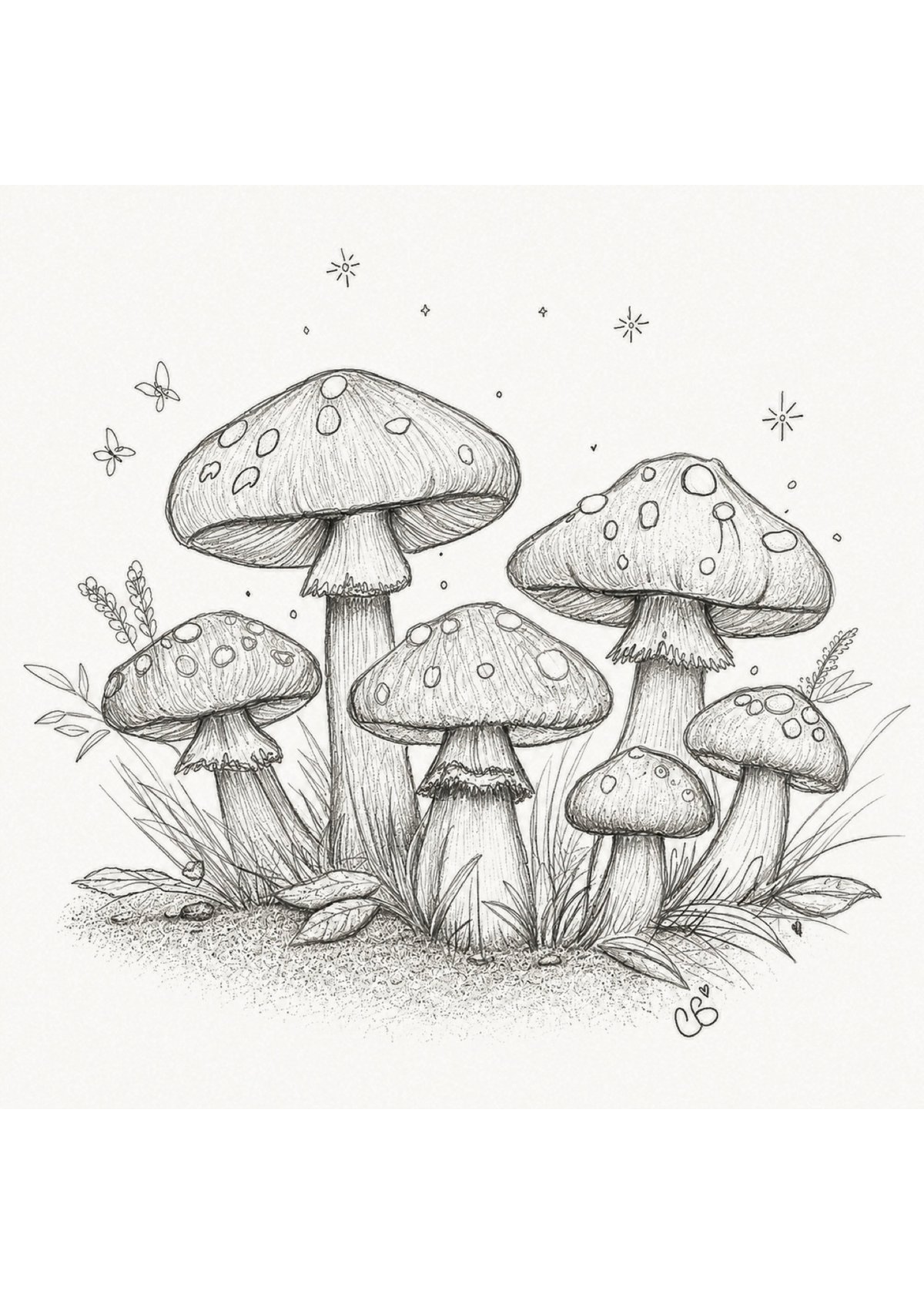 Cluster of spotted woodland mushrooms with tiny stars and butterflies in an original ink sketch