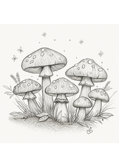 Cluster of spotted woodland mushrooms with tiny stars and butterflies in an original ink sketch