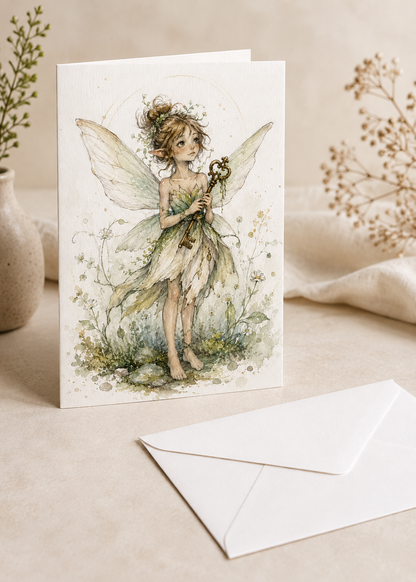 Oona watercolor fairy greeting card mockup with a golden key beside a white envelope