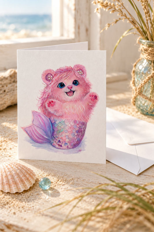 Pearl Mermaid Bear greeting card and envelope on a coastal writing desk