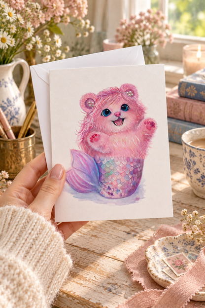 Pearl Mermaid Bear greeting card held in a hand with envelope
