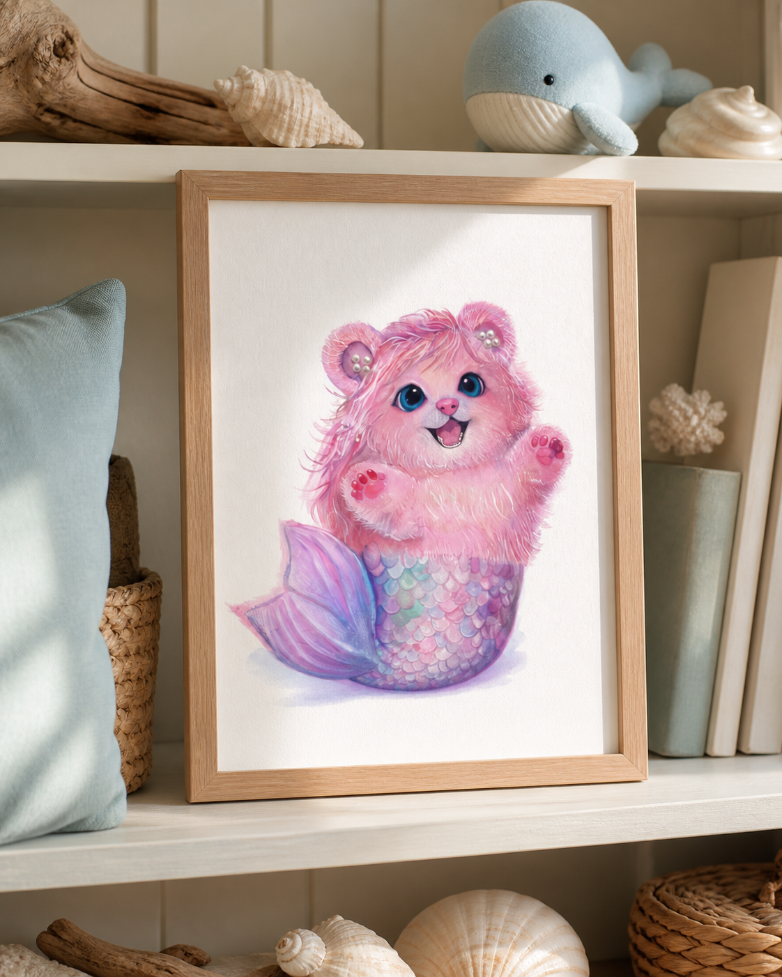 Pearl Mermaid Bear art print displayed in a warm coastal reading nook with shells, driftwood, a woven basket, and a blue whale ornament.