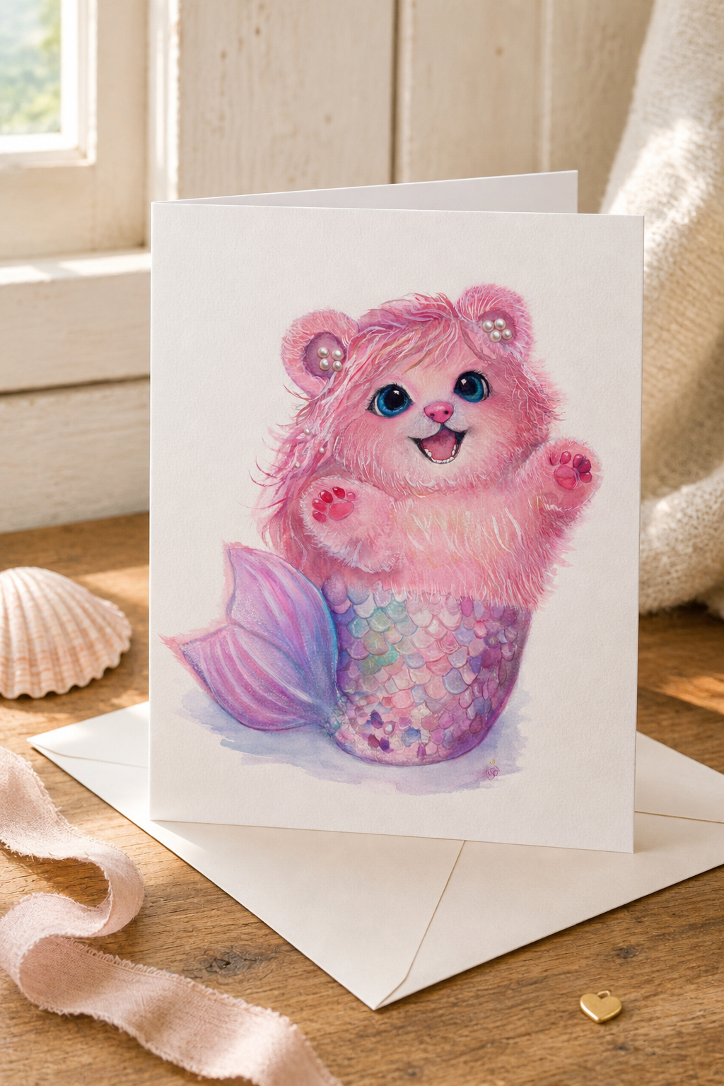 Folded Pearl Mermaid Bear greeting card with envelope on a warm coastal writing desk, featuring the pink watercolor mermaid bear with pearl-adorned ears and an iridescent tail.