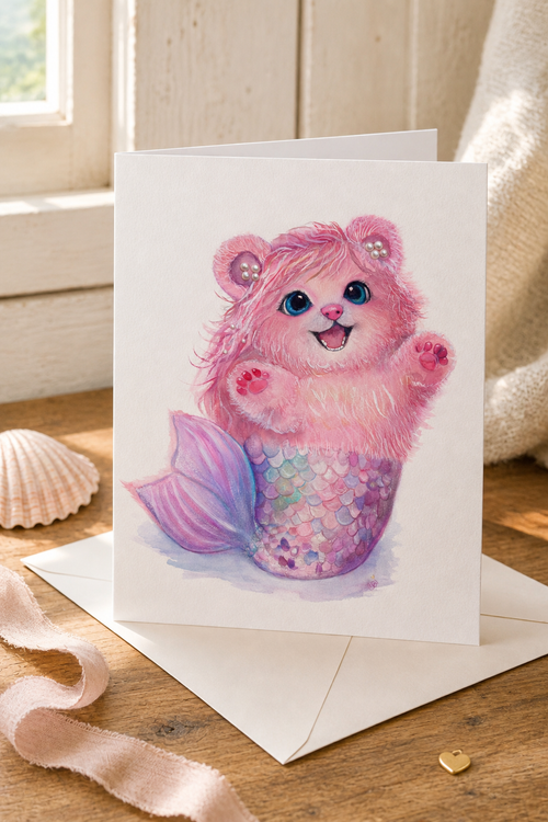 Folded Pearl Mermaid Bear greeting card with envelope on a warm coastal writing desk, featuring the pink watercolor mermaid bear with pearl-adorned ears and an iridescent tail.