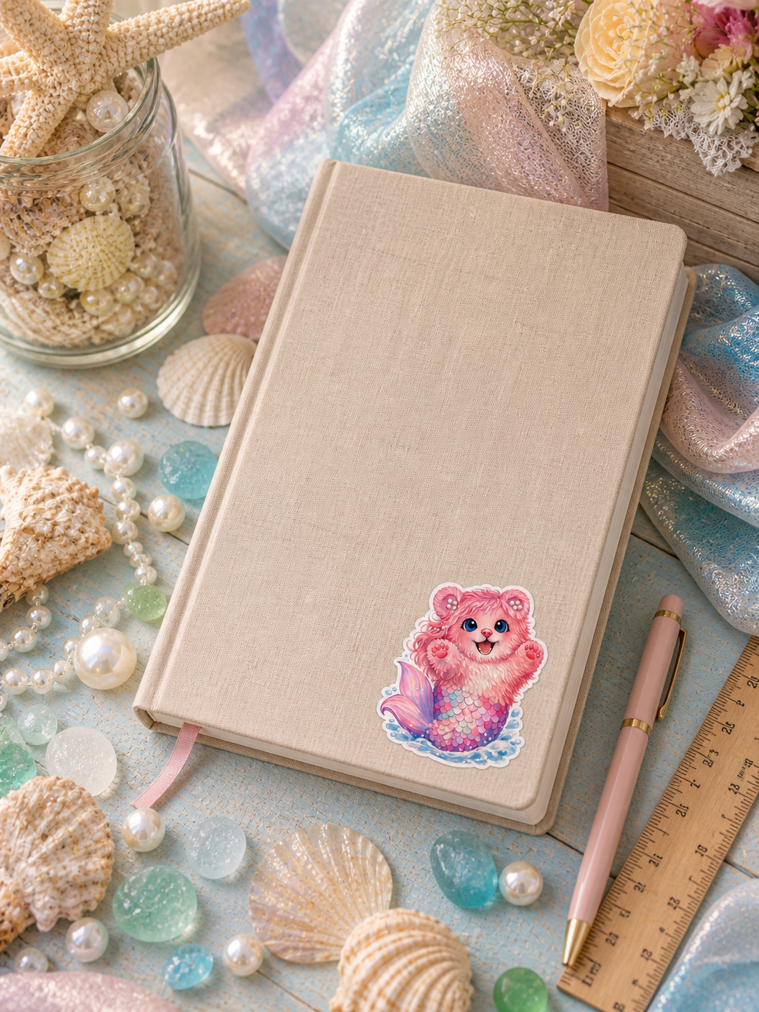 Pearl Mermaid Bear vinyl sticker on a full-size journal with seashells and sea glass