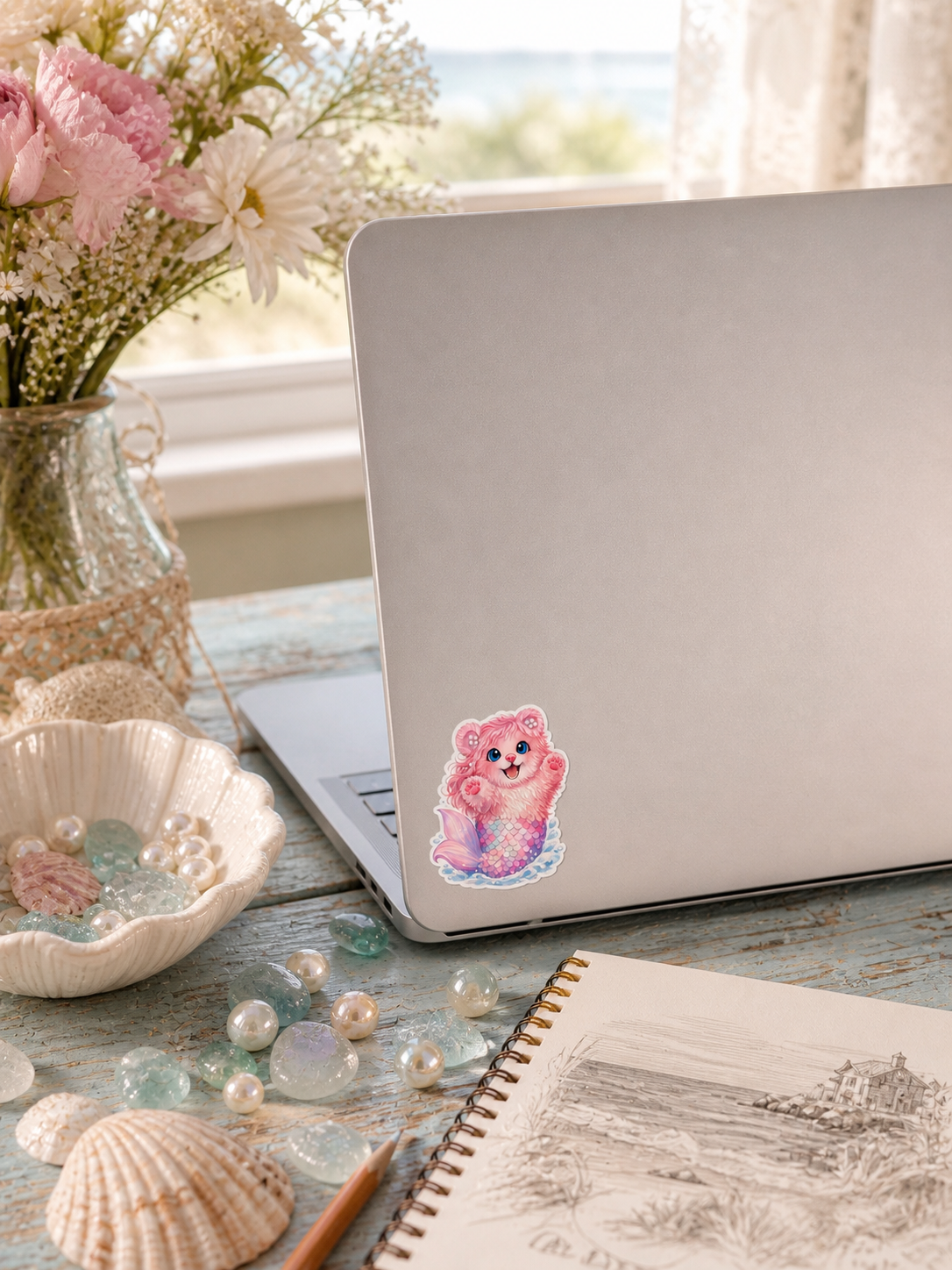 Pearl Mermaid Bear vinyl sticker on a laptop with coastal flowers, pearls, and sea glass