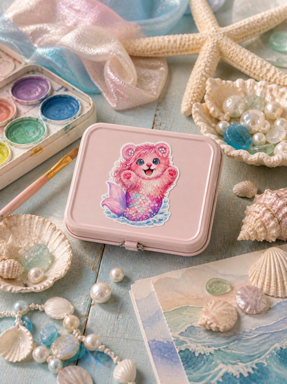 Pearl Mermaid Bear vinyl sticker on a pink keepsake art-supply tin with beach accents