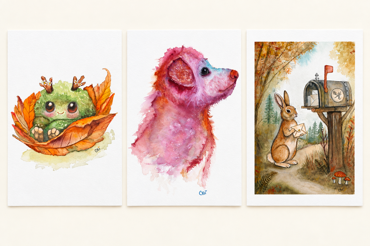 Three unframed mini print examples side by side: Fall Mossling, Pupkin, and Birch and the Wildbound Letter.