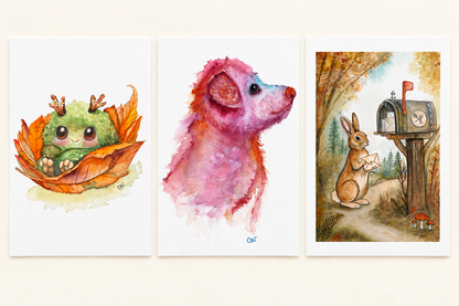Three unframed mini print examples side by side: Fall Mossling, Pupkin, and Birch and the Wildbound Letter.