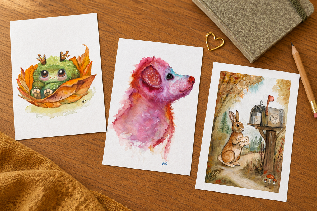 Three different mini prints—Fall Mossling, Pupkin, and Birch—laid on a wooden writing desk beside a notebook.