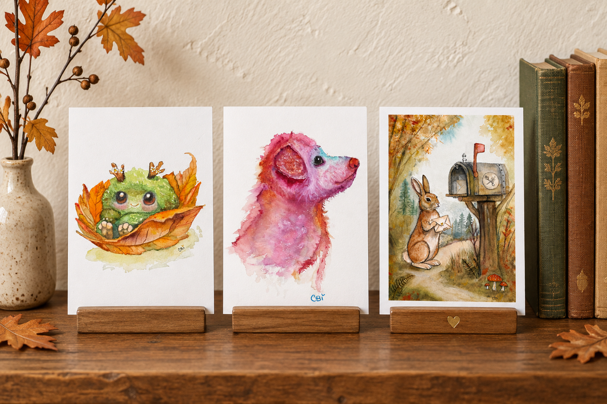 Fall Mossling, Pupkin, and Birch mini prints in wooden display stands on an autumn bookshelf.