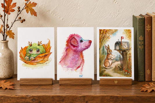 Fall Mossling, Pupkin, and Birch mini prints in wooden display stands on an autumn bookshelf.