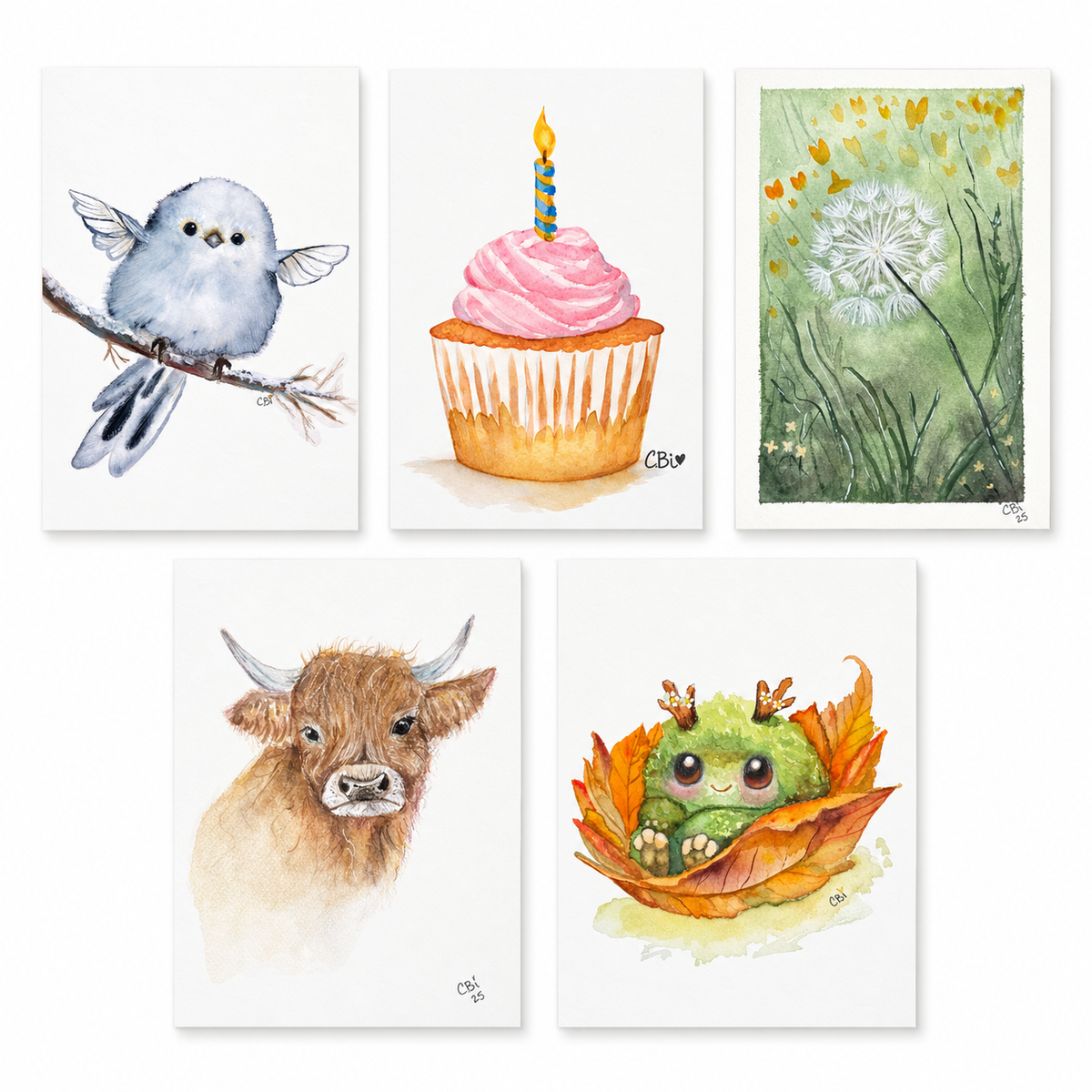 Five example greeting card covers: Blue Fairy Nestling, Birthday Cupcake, Dandelion, Highland Cow, and Fall Mossling.