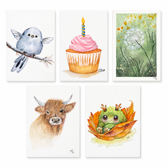 Five example greeting card covers: Blue Fairy Nestling, Birthday Cupcake, Dandelion, Highland Cow, and Fall Mossling.