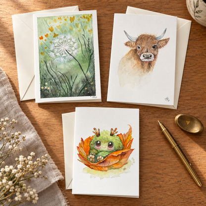 Dandelion, Highland Cow, and Fall Mossling greeting cards with envelopes on an oak writing desk.