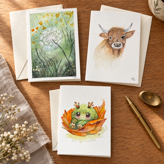 Dandelion, Highland Cow, and Fall Mossling greeting cards with envelopes on an oak writing desk.
