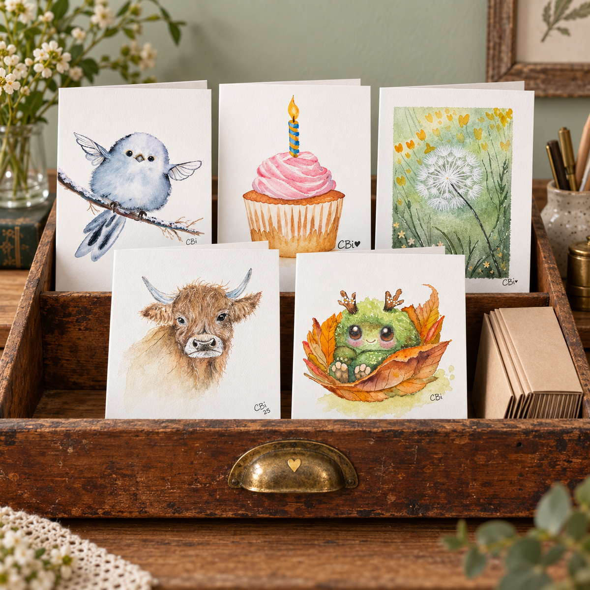 Five example greeting cards displayed in a wooden stationery drawer with envelopes.