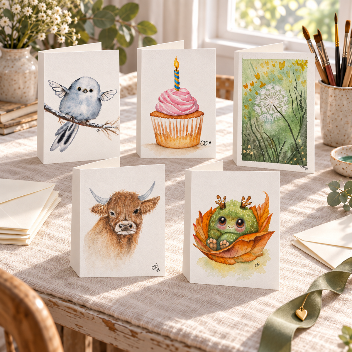 Five portrait greeting cards with left-edge folds and envelopes on a linen-covered artist’s table.