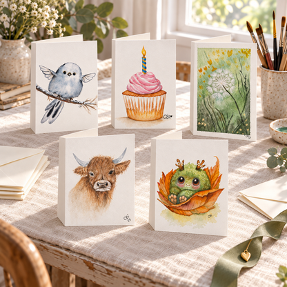 Five portrait greeting cards with left-edge folds and envelopes on a linen-covered artist’s table.