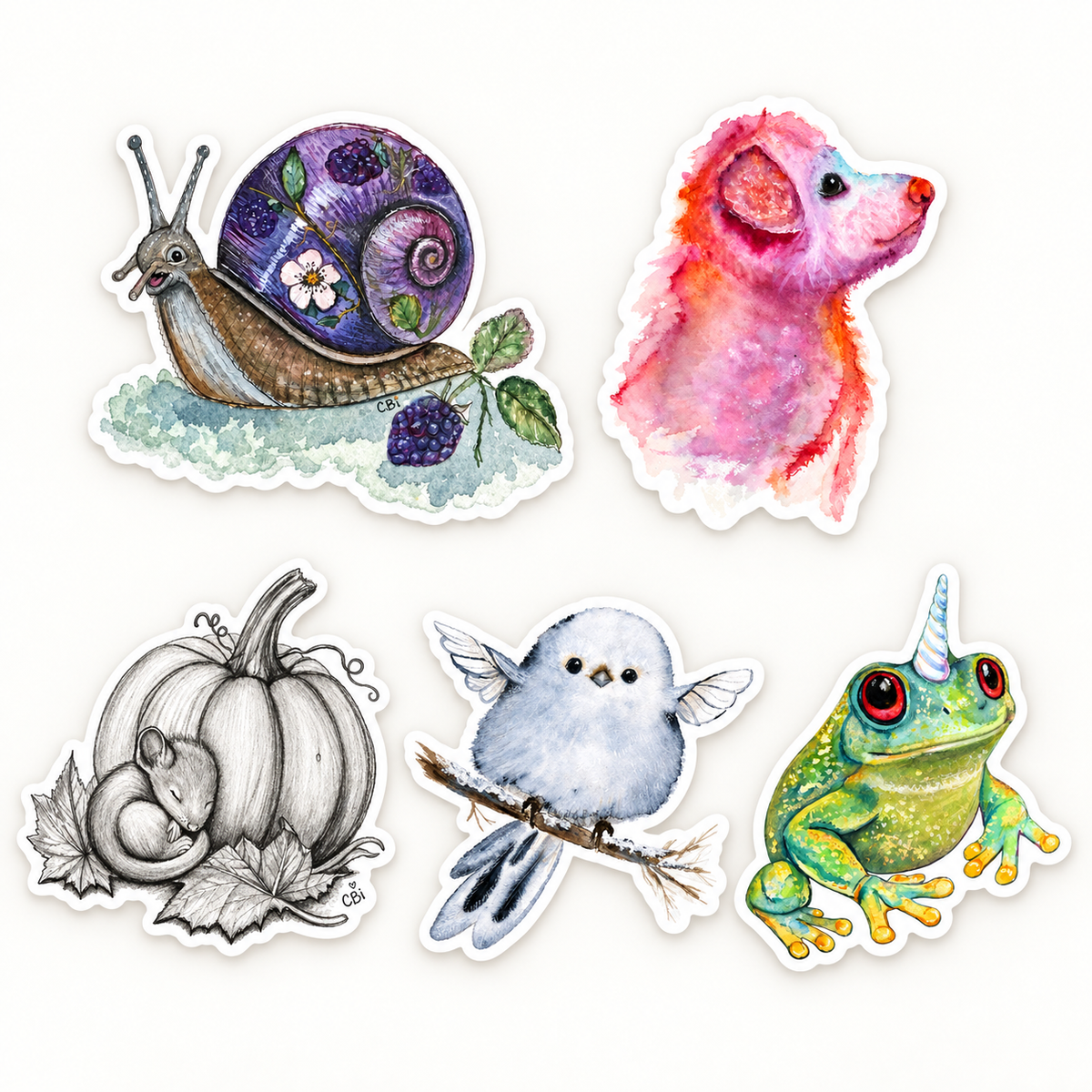 Bramble, Pupkin, Sleeping Mouse and Pumpkin, Blue Fairy Nestling, and Froggicorn vinyl stickers arranged on a plain cream background.