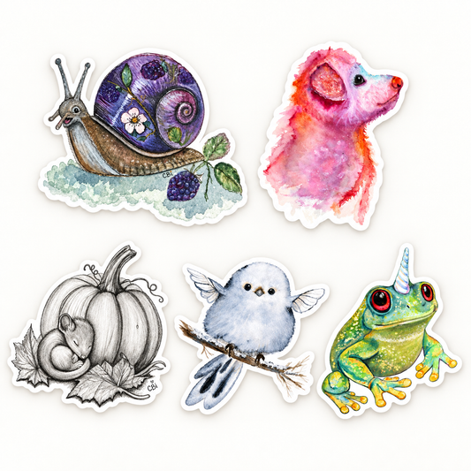 Bramble, Pupkin, Sleeping Mouse and Pumpkin, Blue Fairy Nestling, and Froggicorn vinyl stickers arranged on a plain cream background.