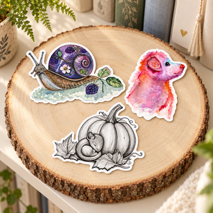 Bramble, Pupkin, and Sleeping Mouse and Pumpkin stickers on a round wooden display with books and greenery.