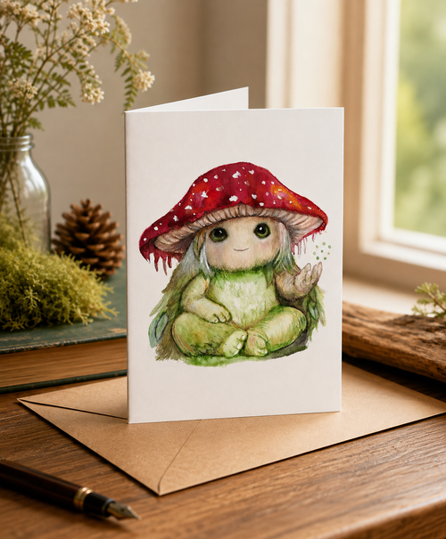 Folded Pippin the Mycora greeting card on a woodland writing desk, featuring Pippin beneath a red mushroom cap.
