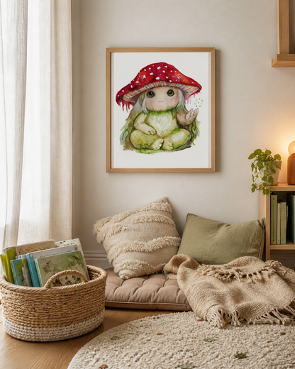 Pippin the Mycora art print displayed above a cozy reading nook with soft books and a woven basket.