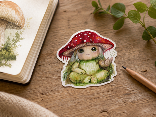 Pippin the Mycora vinyl sticker on sketchbook desk
