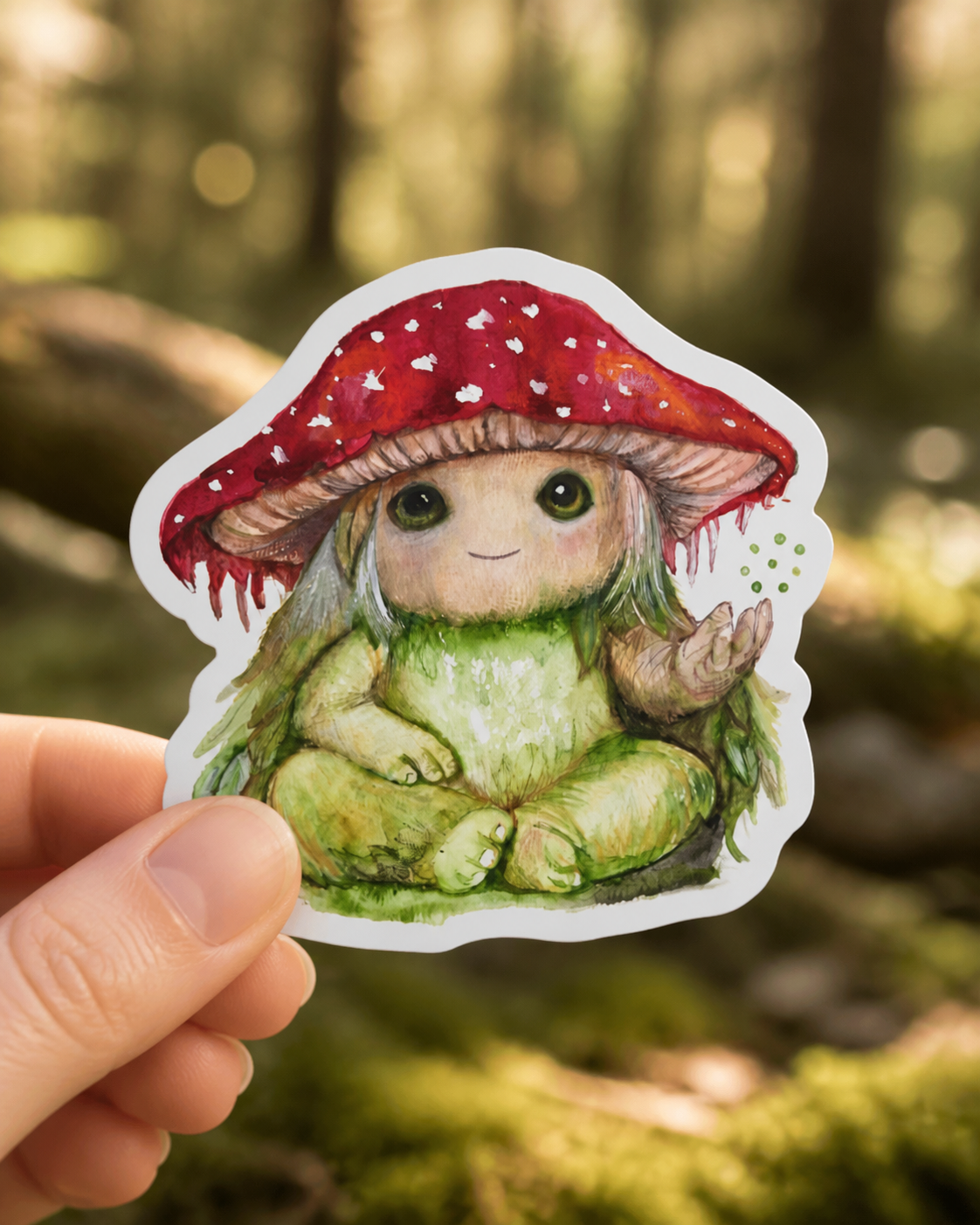 Pippin the Mycora vinyl sticker held in woodland