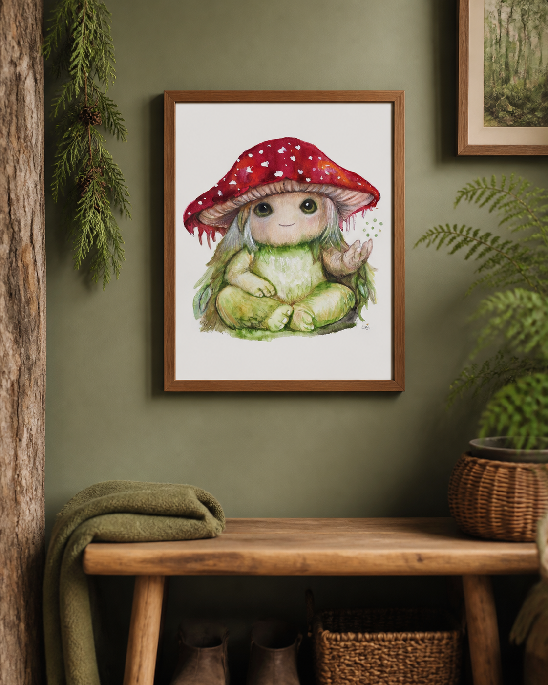 Pippin the Mycora art print displayed on a woodland-inspired gallery wall above a small wooden bench.