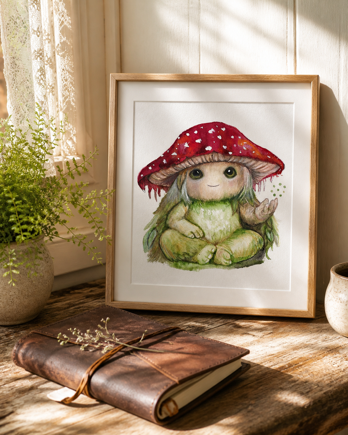 Pippin the Mycora art print displayed on a sunlit cottage writing desk beside a journal and fern.