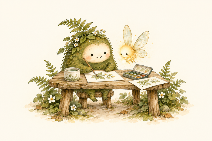 A cheerful Mossling paints flowers at a woodland worktable while tiny golden GlowMorrow hovers beside the watercolor tin.