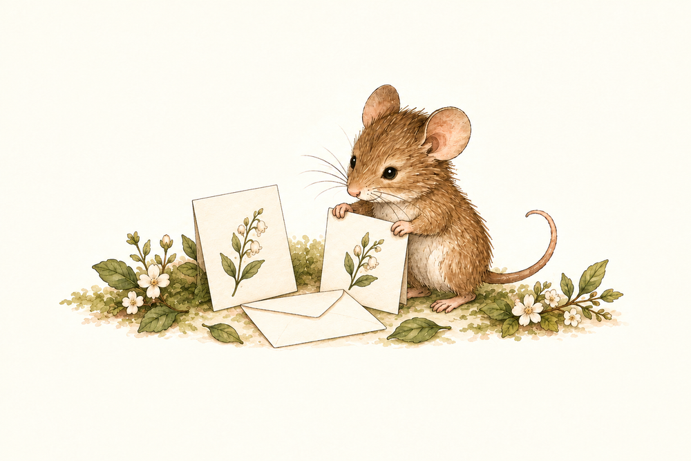 A little brown mouse holds a botanical greeting card beside another card, an envelope, and woodland flowers.