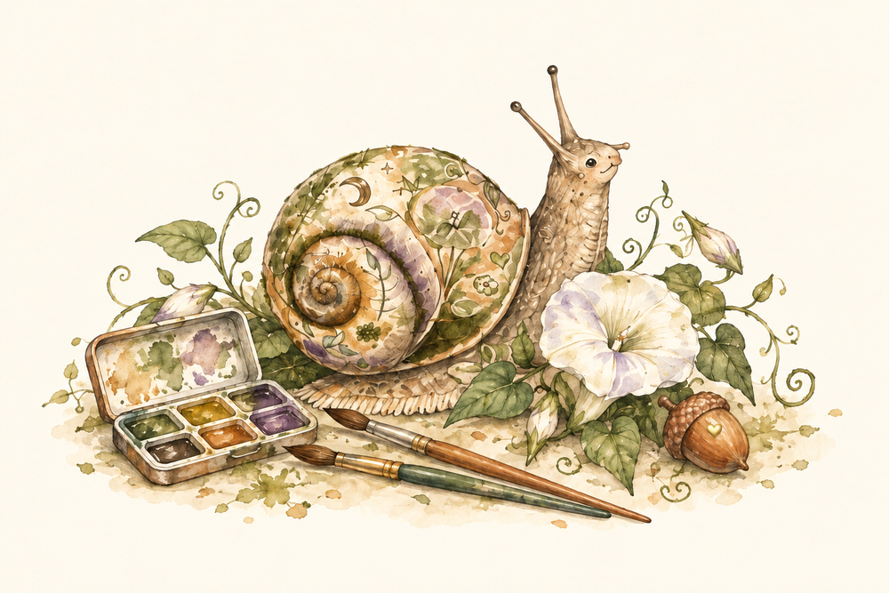 A patterned woodland snail rests beside a watercolor palette, brushes, moonflowers, and an acorn with a tiny gold heart.