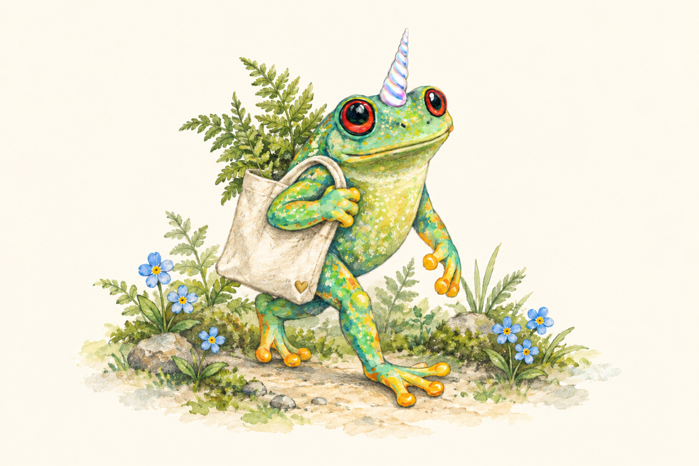The Froggicorn carries a canvas tote filled with ferns as he walks past blue woodland flowers. A tiny gold heart is hidden in the scene.