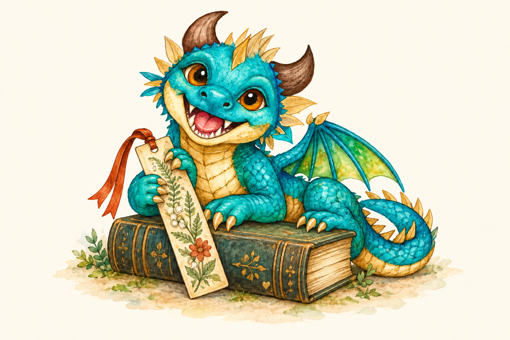 Brightwing, a teal dragon with golden frills, holds a ribboned botanical bookmark beside an old book. A tiny gold heart is hidden in the scene.