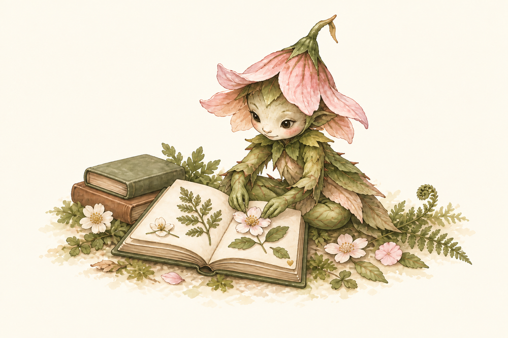 A pink-petal sprite arranges pressed flowers in an open botanical book. A tiny gold heart is hidden in the scene.