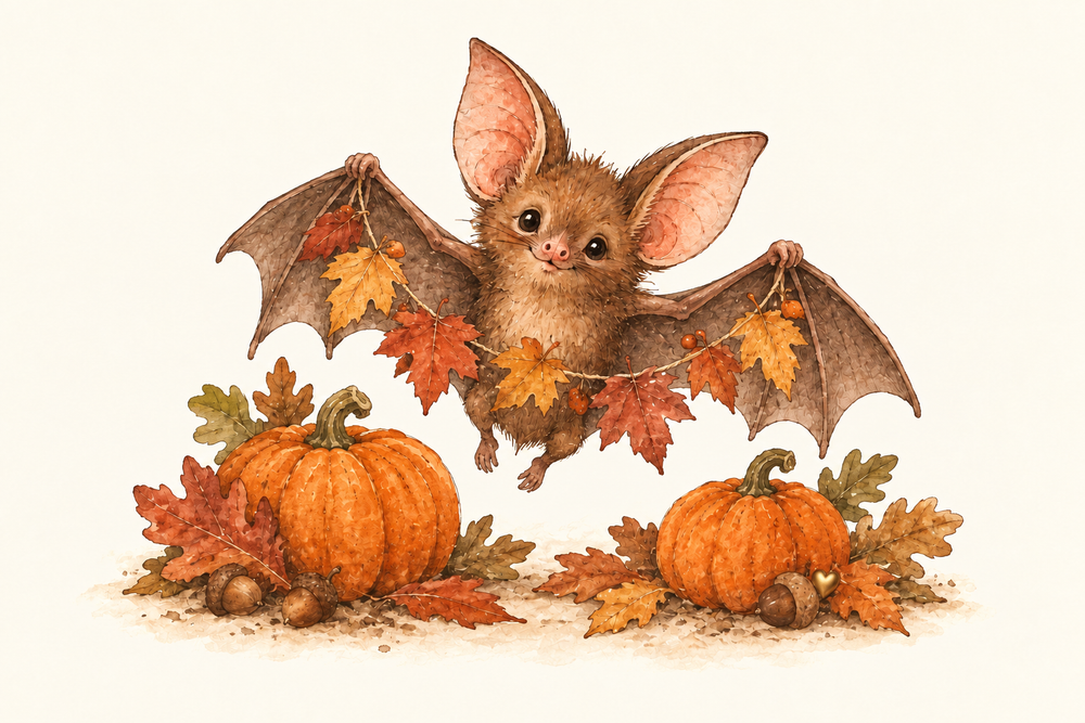 A brown bat holds a garland of autumn leaves above two pumpkins. A tiny gold heart is hidden in the scene.