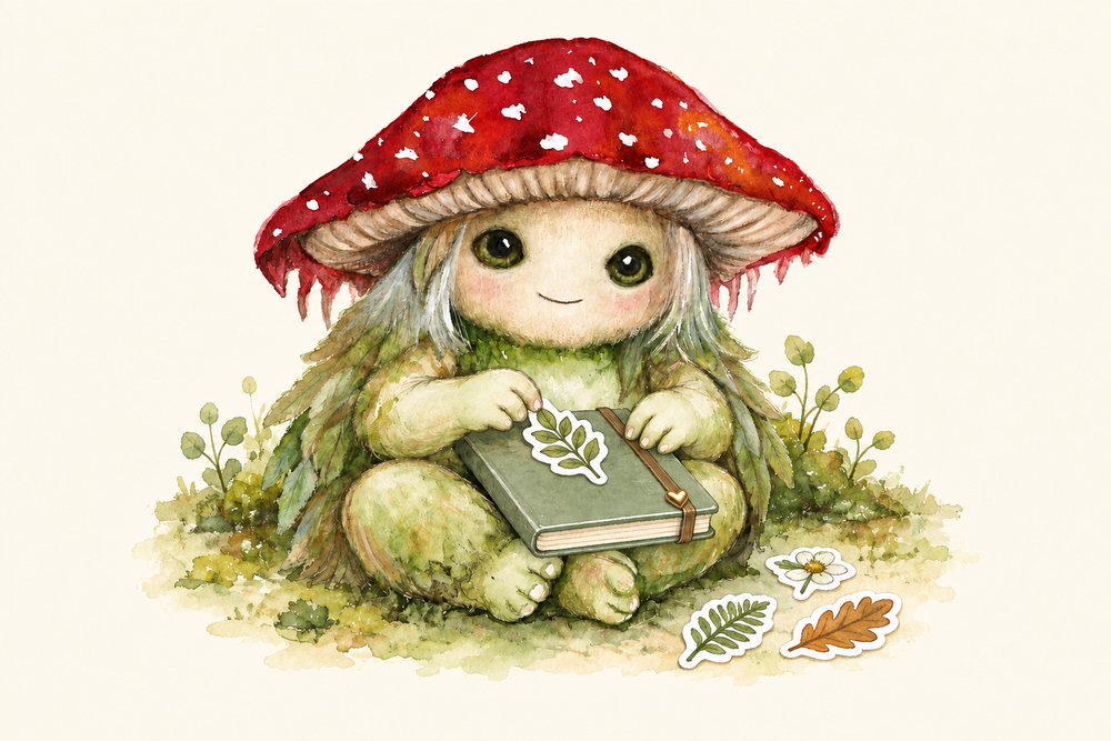 Pippin, a red-capped mushroom creature, places a botanical sticker on a sage notebook. A tiny gold heart is hidden in the scene.