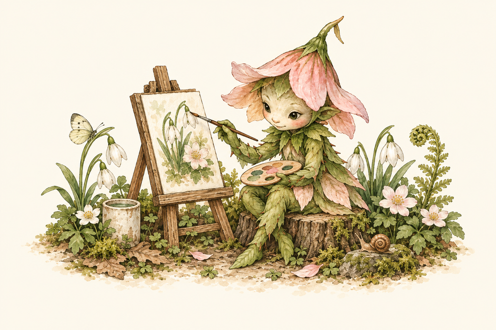 A pink petal sprite paints flowers at a small easel among woodland plants.