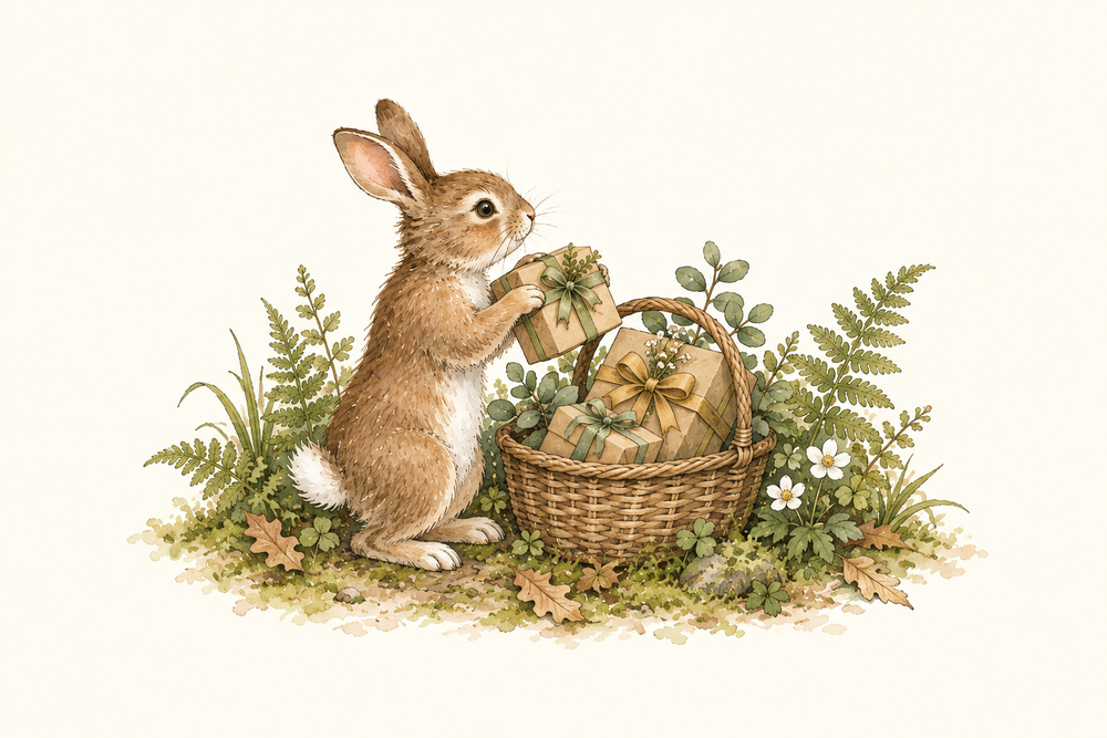 A brown rabbit places ribbon-tied parcels into a wicker basket among ferns and flowers.