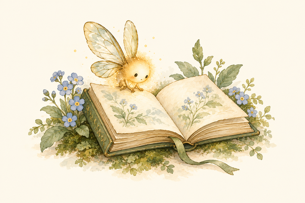 GlowMorrow, a tiny golden winged creature, looks into an open book surrounded by blue forget-me-nots.
