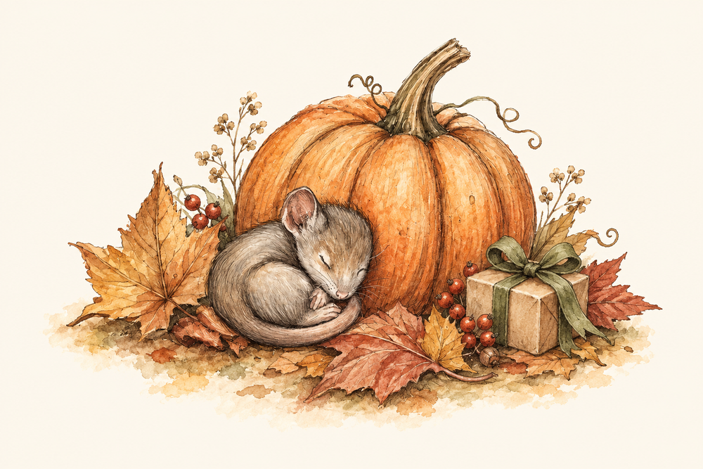 A little mouse sleeps beside an orange pumpkin, autumn leaves and a small ribbon-tied gift.