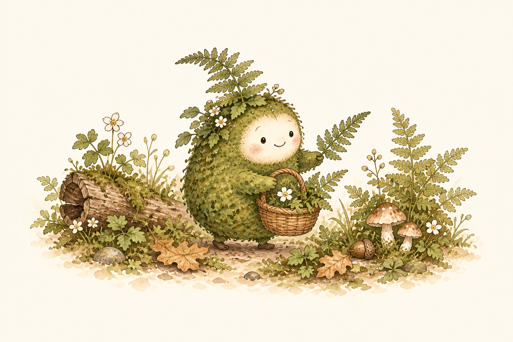 A cheerful moss-covered creature gathers fern sprigs into a basket beside mushrooms.